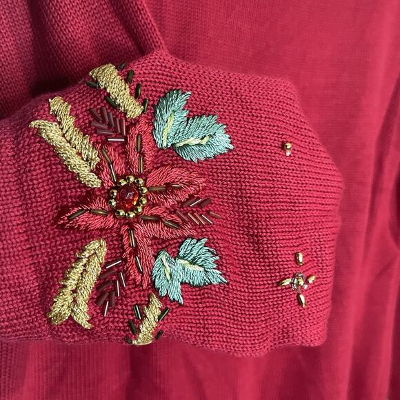 Theme Works Kikit Christmas Sweater Red Beaded Poinsettia Embroidered Size Large - Picture 8 of 8